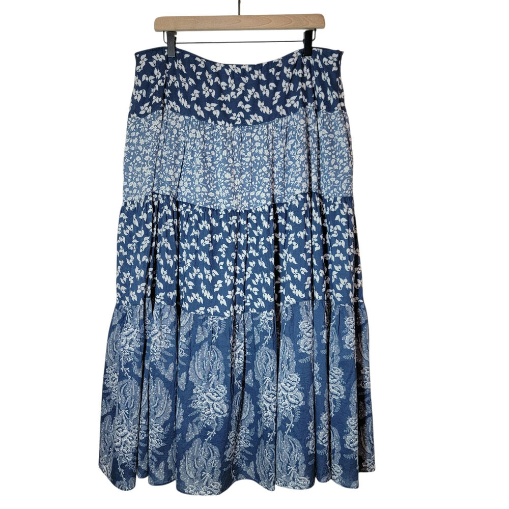 Ralph Lauren Floral Cotton Tiered Ruffle Hem Maxi Skirt Blue White 16 Romantic - Picture 2 of 14
